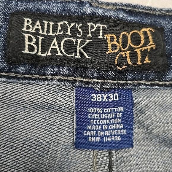 Baileys Pt Black Mens Boot Cut Jeans 38 X 30 Whiskered Embroidered Distressed - Picture 7 of 12